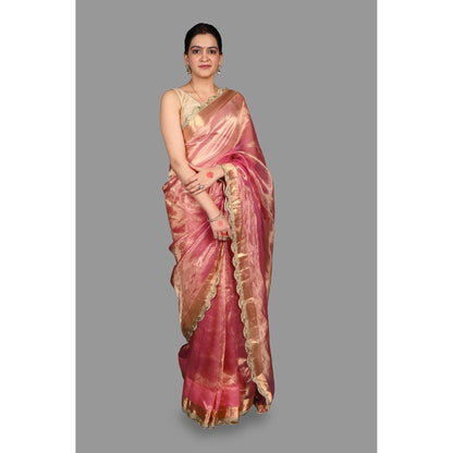 Zal from Benaras Baby Pink Pure Tissue Silk Banarasi Handloom Saree without Blouse