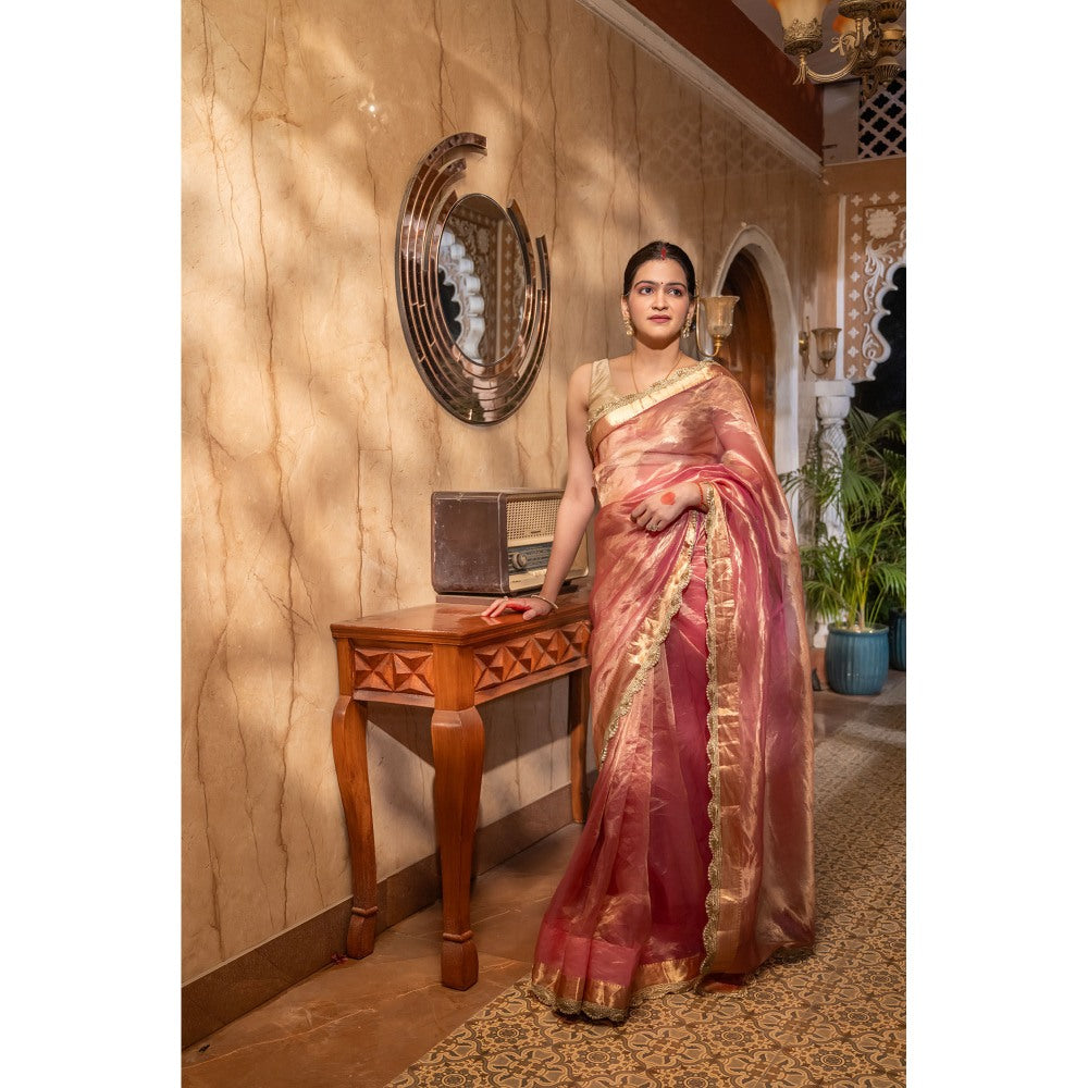 Zal from Benaras Baby Pink Pure Tissue Silk Banarasi Handloom Saree without Blouse