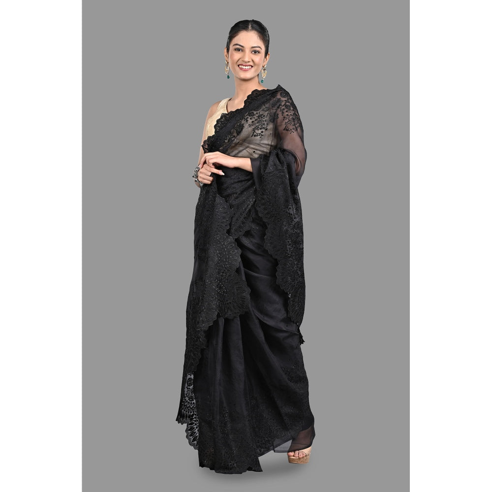 Zal from Benaras Black Pure Organza Silk Saree without Blouse with Chikankari Hand Embroidery