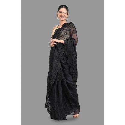 Zal from Benaras Black Pure Organza Silk Saree without Blouse with Chikankari Hand Embroidery