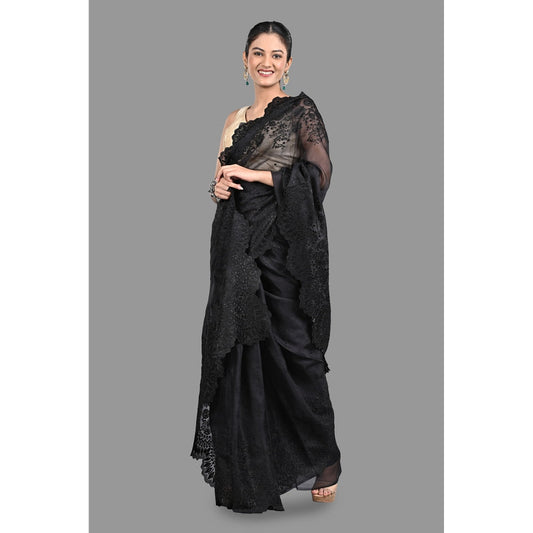 Zal from Benaras Black Pure Organza Silk Saree without Blouse with Chikankari Hand Embroidery