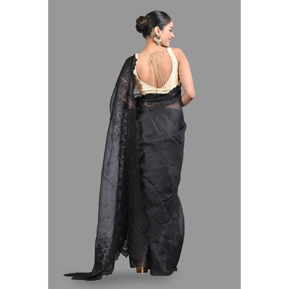 Zal from Benaras Black Pure Organza Silk Saree without Blouse with Chikankari Hand Embroidery