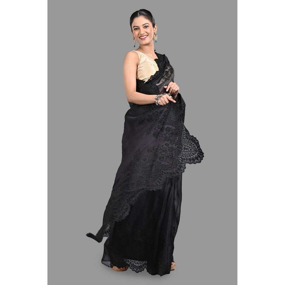 Zal from Benaras Black Pure Organza Silk Saree without Blouse with Chikankari Hand Embroidery