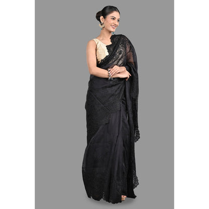Zal from Benaras Black Pure Organza Silk Saree without Blouse with Chikankari Hand Embroidery