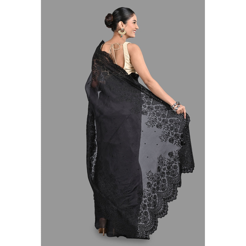 Zal from Benaras Black Pure Organza Silk Saree without Blouse with Chikankari Hand Embroidery