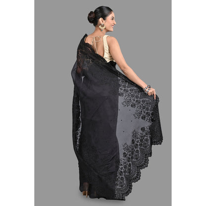 Zal from Benaras Black Pure Organza Silk Saree without Blouse with Chikankari Hand Embroidery
