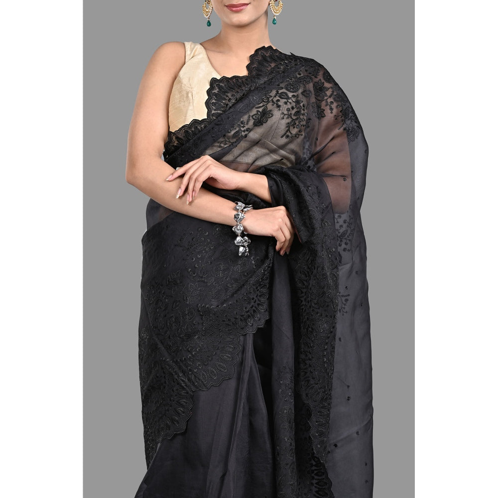 Zal from Benaras Black Pure Organza Silk Saree without Blouse with Chikankari Hand Embroidery