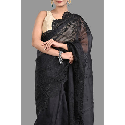 Zal from Benaras Black Pure Organza Silk Saree without Blouse with Chikankari Hand Embroidery