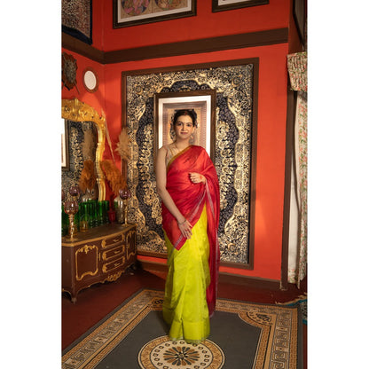 Zal from Benaras Neon Green Pure Chanderi Silk Saree without Blouse