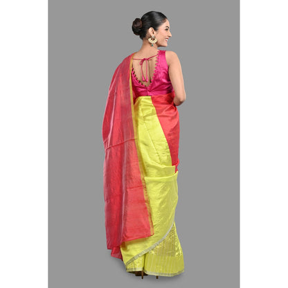 Zal from Benaras Neon Green Pure Chanderi Silk Saree without Blouse