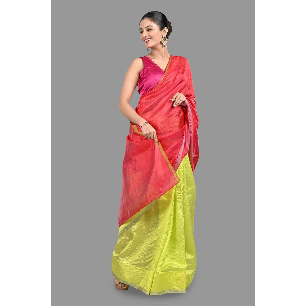 Zal from Benaras Neon Green Pure Chanderi Silk Saree without Blouse