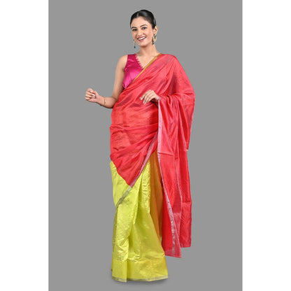 Zal from Benaras Neon Green Pure Chanderi Silk Saree without Blouse