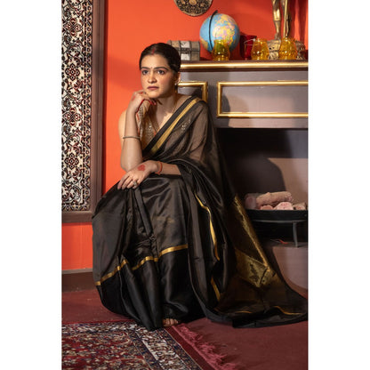 Zal from Benaras Black Pure Pattu Silk Chanderi Handloom Saree without Blouse