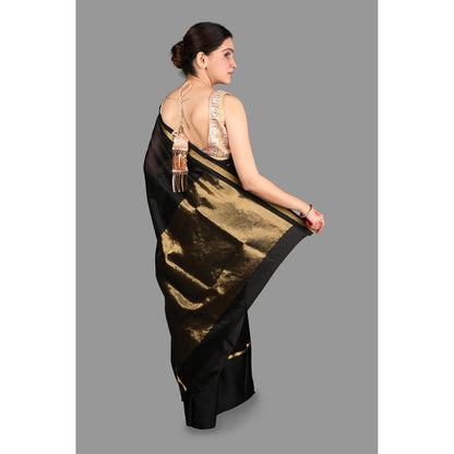 Zal from Benaras Black Pure Pattu Silk Chanderi Handloom Saree without Blouse