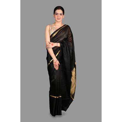 Zal from Benaras Black Pure Pattu Silk Chanderi Handloom Saree without Blouse