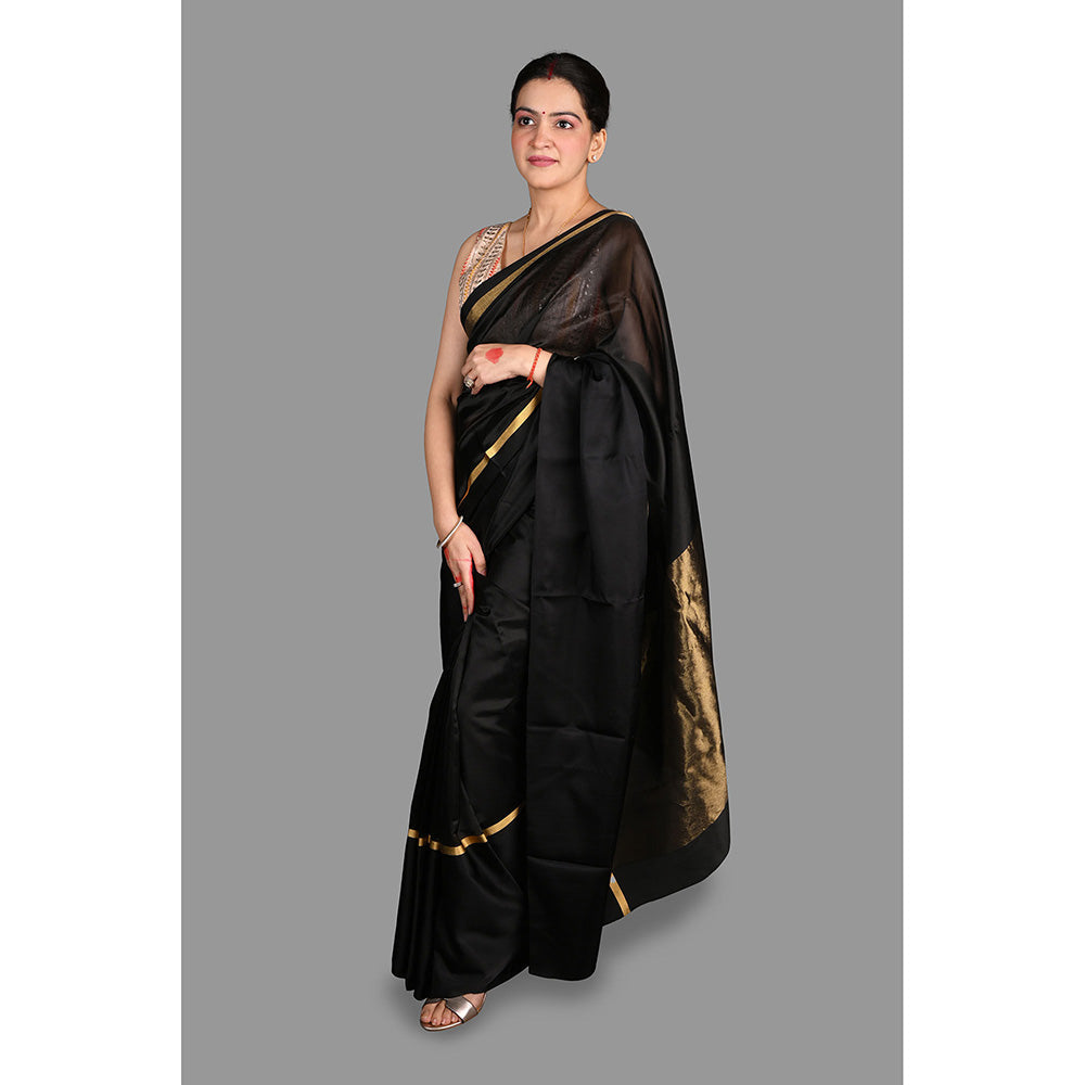 Zal from Benaras Black Pure Pattu Silk Chanderi Handloom Saree without Blouse