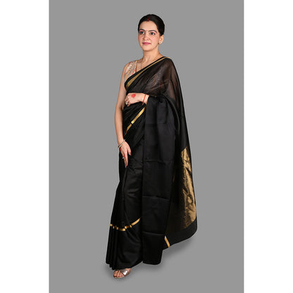 Zal from Benaras Black Pure Pattu Silk Chanderi Handloom Saree without Blouse