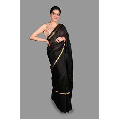 Zal from Benaras Black Pure Pattu Silk Chanderi Handloom Saree without Blouse