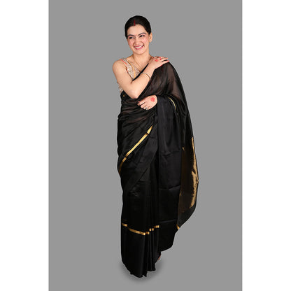 Zal from Benaras Black Pure Pattu Silk Chanderi Handloom Saree without Blouse