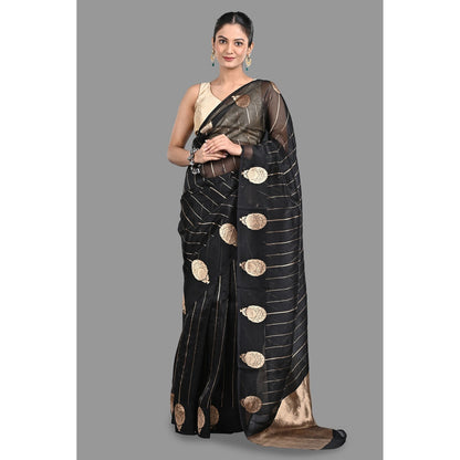 Zal from Benaras Black Pure Organza Silk Banarasi Handloom Saree without Blouse