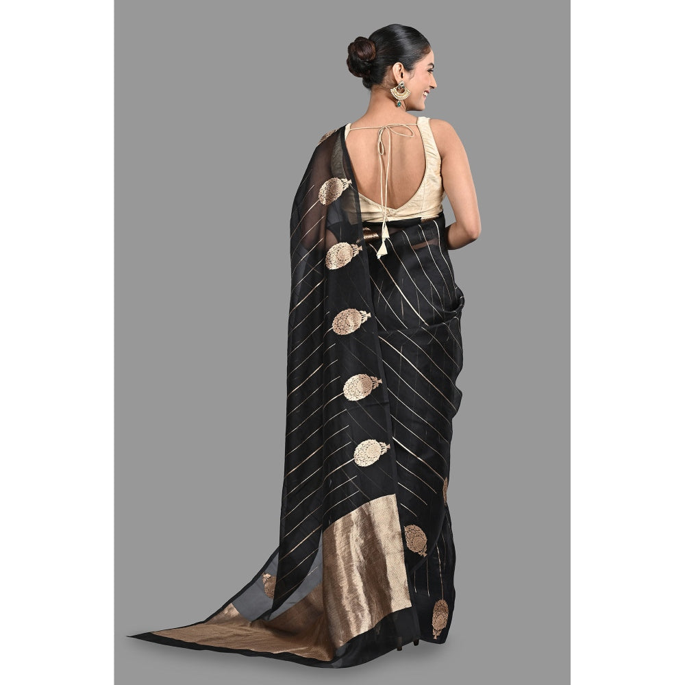 Zal from Benaras Black Pure Organza Silk Banarasi Handloom Saree without Blouse
