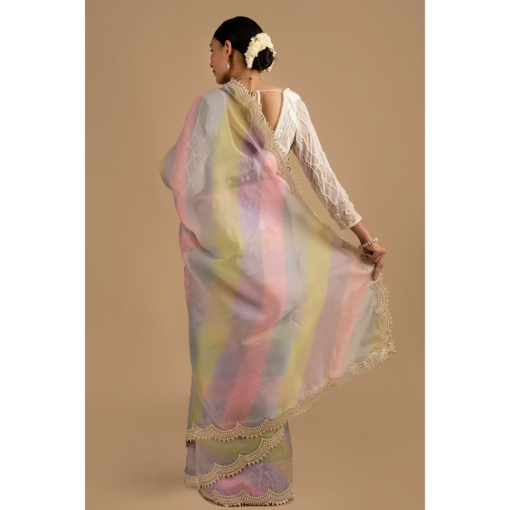 Zal from Benaras Pastel Multicoloured Pearl Handwork Saree with Stitched Blouse