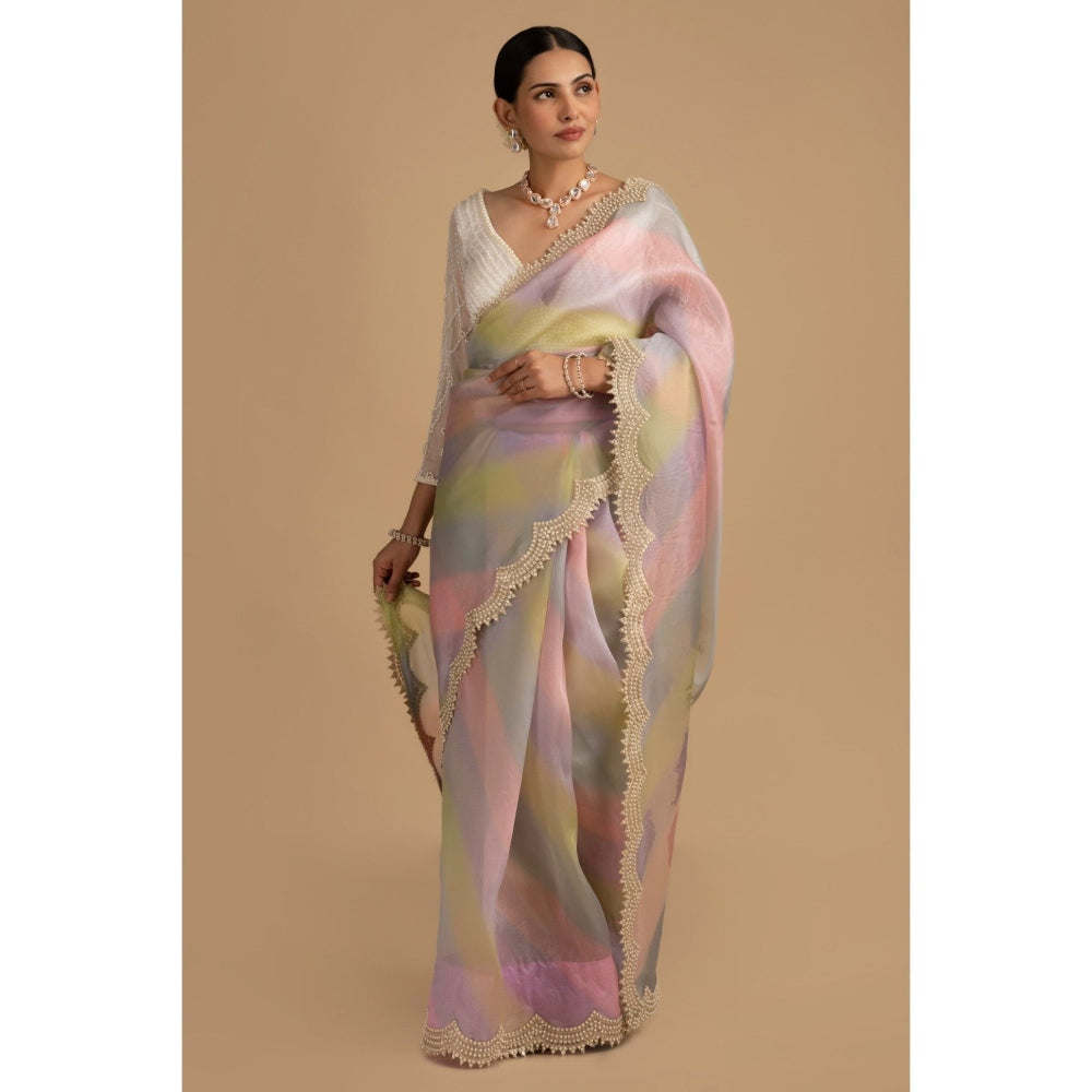 Zal from Benaras Pastel Multicoloured Pearl Handwork Saree with Stitched Blouse
