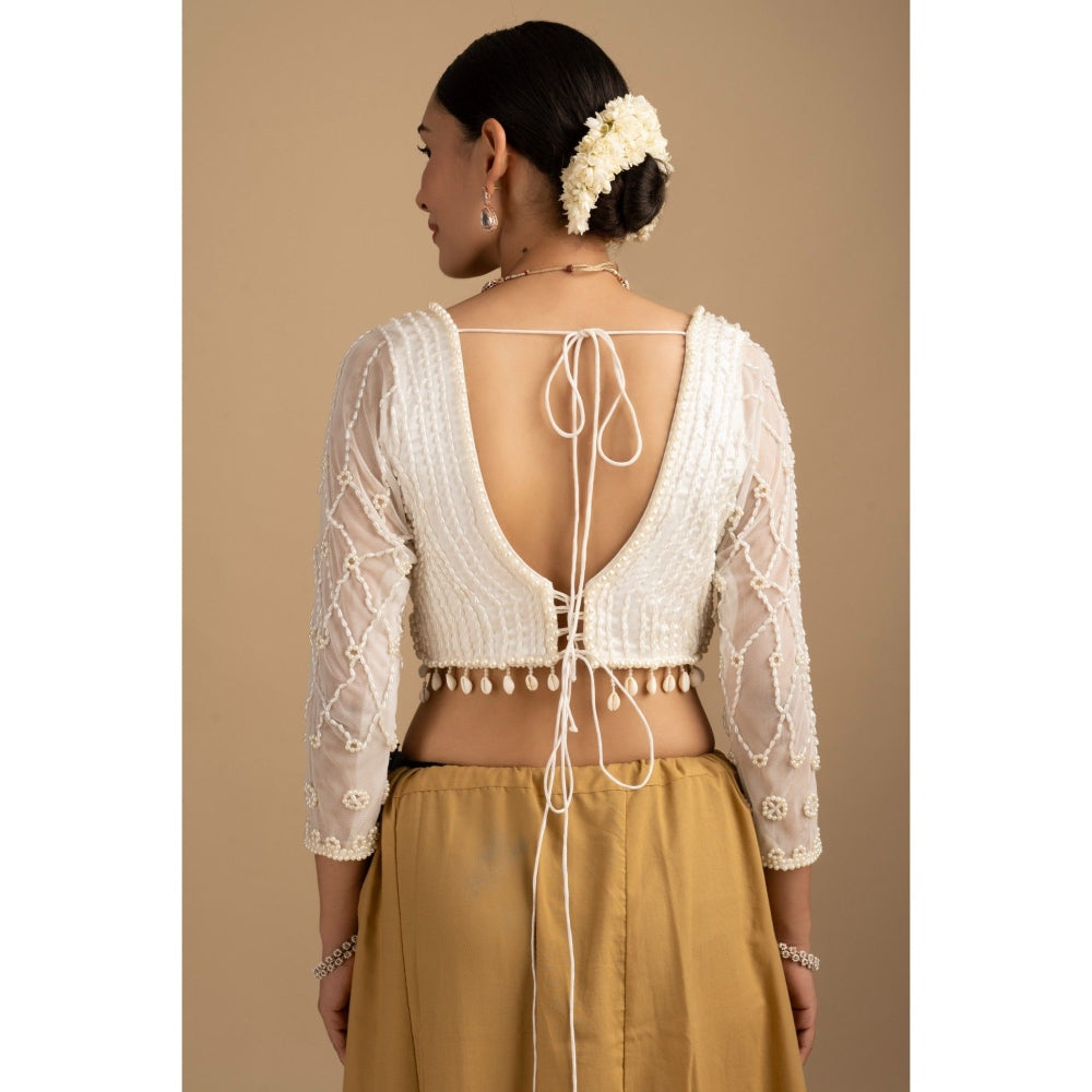 Zal from Benaras Pastel Multicoloured Pearl Handwork Saree with Stitched Blouse