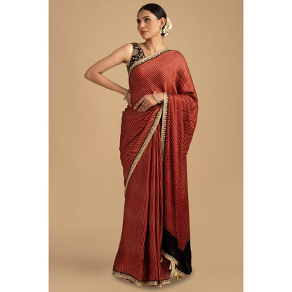 Zal from Benaras Red Bandhej Stripes Crepe Silk Banarasi Saree with Stitched Blouse