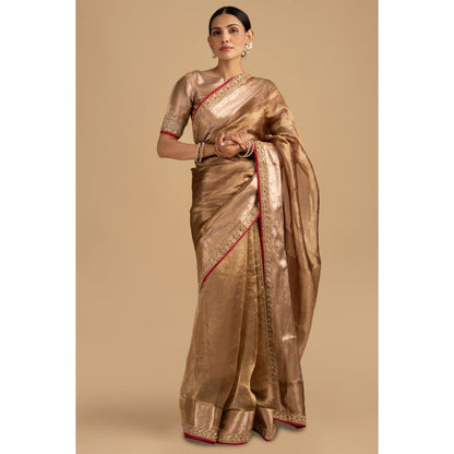 Zal from Benaras Copper Shaded Pure Tissue Silk Banarasi Handloom Saree with Stitched Blouse