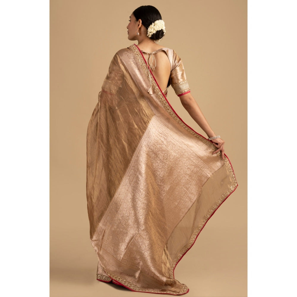 Zal from Benaras Copper Shaded Pure Tissue Silk Banarasi Handloom Saree with Stitched Blouse