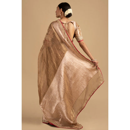 Zal from Benaras Copper Shaded Pure Tissue Silk Banarasi Handloom Saree with Stitched Blouse