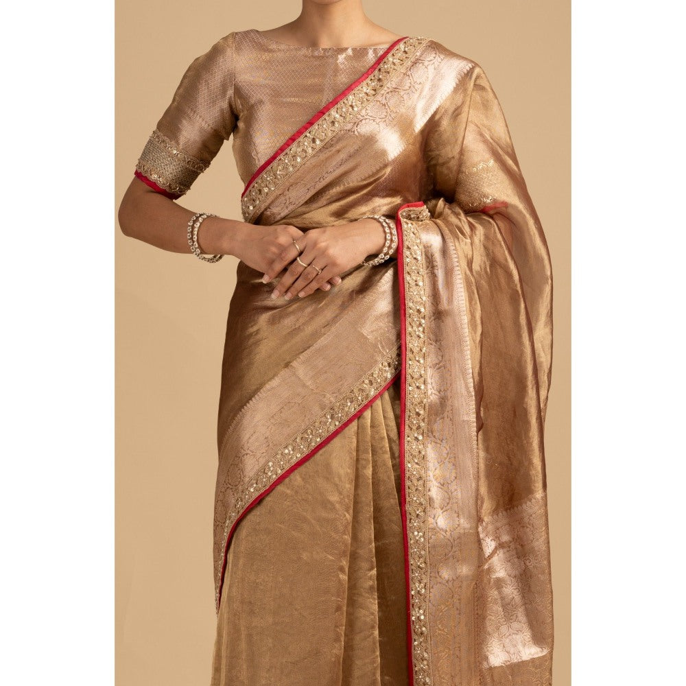Zal from Benaras Copper Shaded Pure Tissue Silk Banarasi Handloom Saree with Stitched Blouse