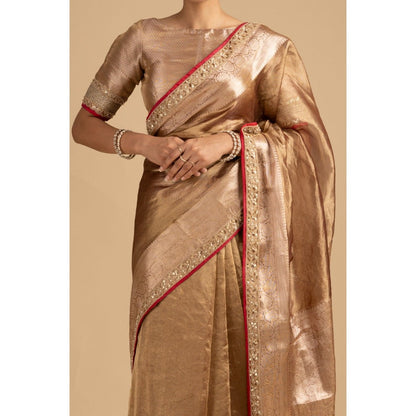 Zal from Benaras Copper Shaded Pure Tissue Silk Banarasi Handloom Saree with Stitched Blouse