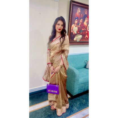 Zal from Benaras Copper Shaded Pure Tissue Silk Banarasi Handloom Saree with Stitched Blouse