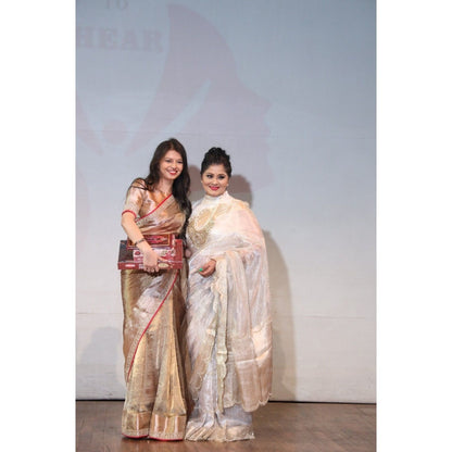 Zal from Benaras Copper Shaded Pure Tissue Silk Banarasi Handloom Saree with Stitched Blouse