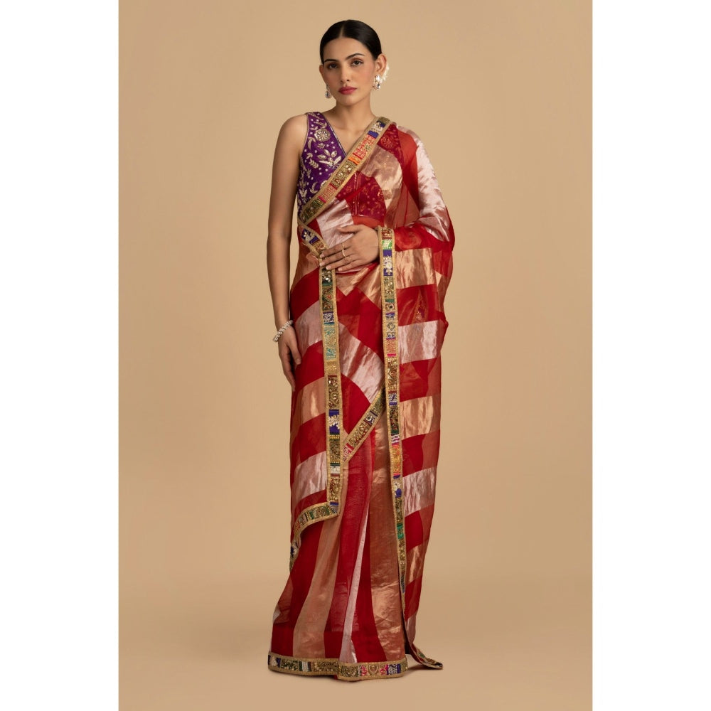 Zal from Benaras Red Pure Organza Silk Banarasi Saree with Stitched Blouse