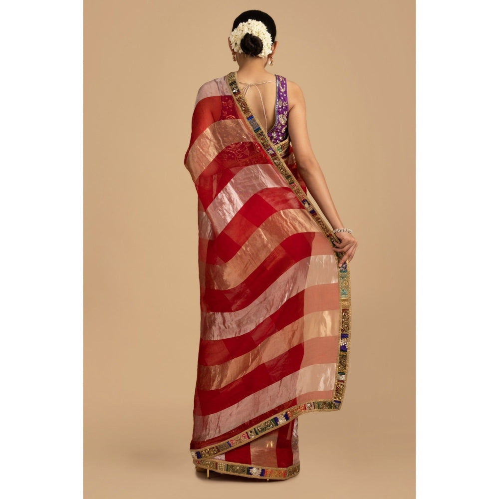 Zal from Benaras Red Pure Organza Silk Banarasi Saree with Stitched Blouse