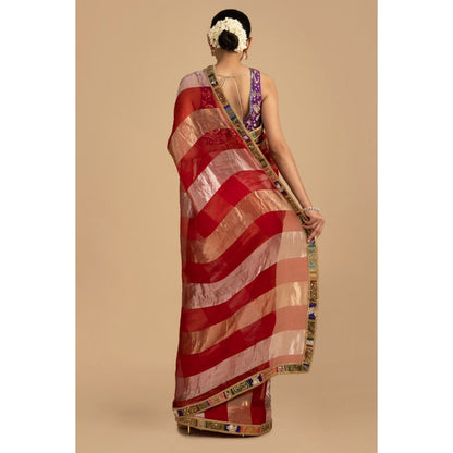 Zal from Benaras Red Pure Organza Silk Banarasi Saree with Stitched Blouse
