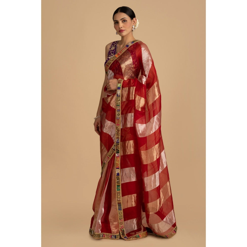 Zal from Benaras Red Pure Organza Silk Banarasi Saree with Stitched Blouse
