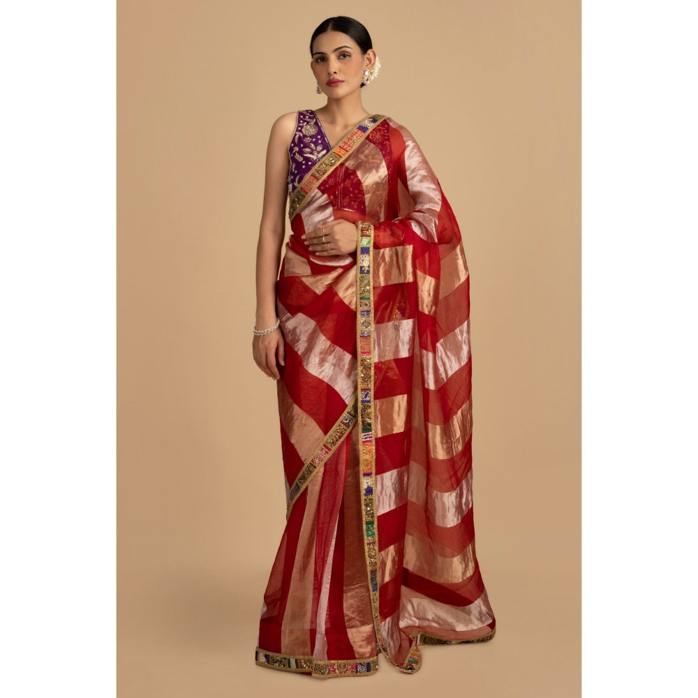 Zal from Benaras Red Pure Organza Silk Banarasi Saree with Stitched Blouse