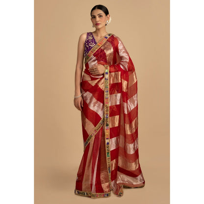Zal from Benaras Red Pure Organza Silk Banarasi Saree with Stitched Blouse