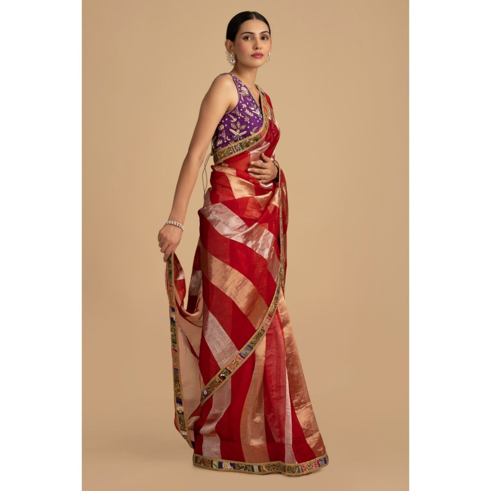 Zal from Benaras Red Pure Organza Silk Banarasi Saree with Stitched Blouse