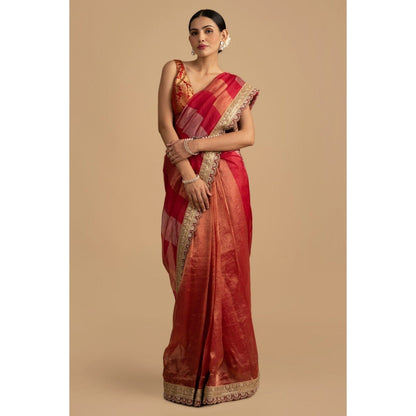 Zal from Benaras Red Shaded Pure Tissue Silk Banarasi Saree with Stitched Blouse