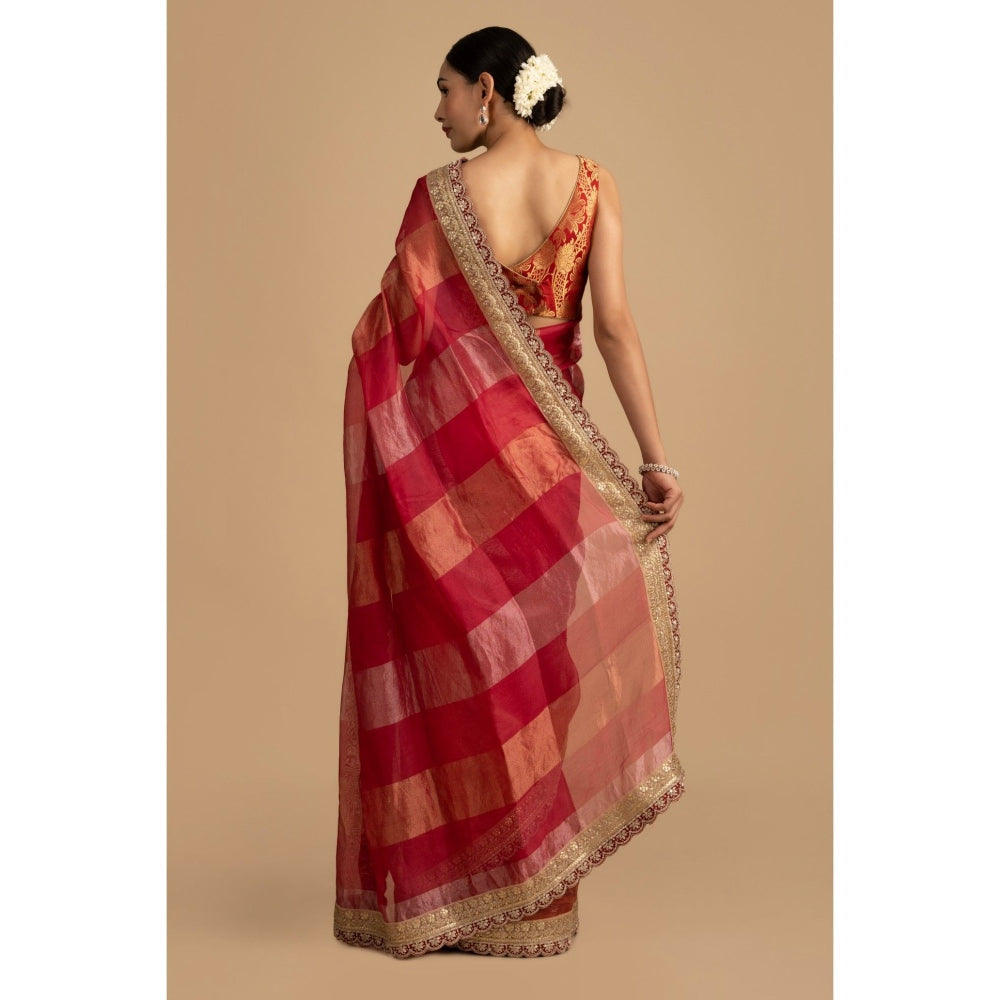 Zal from Benaras Red Shaded Pure Tissue Silk Banarasi Saree with Stitched Blouse
