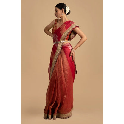 Zal from Benaras Red Shaded Pure Tissue Silk Banarasi Saree with Stitched Blouse