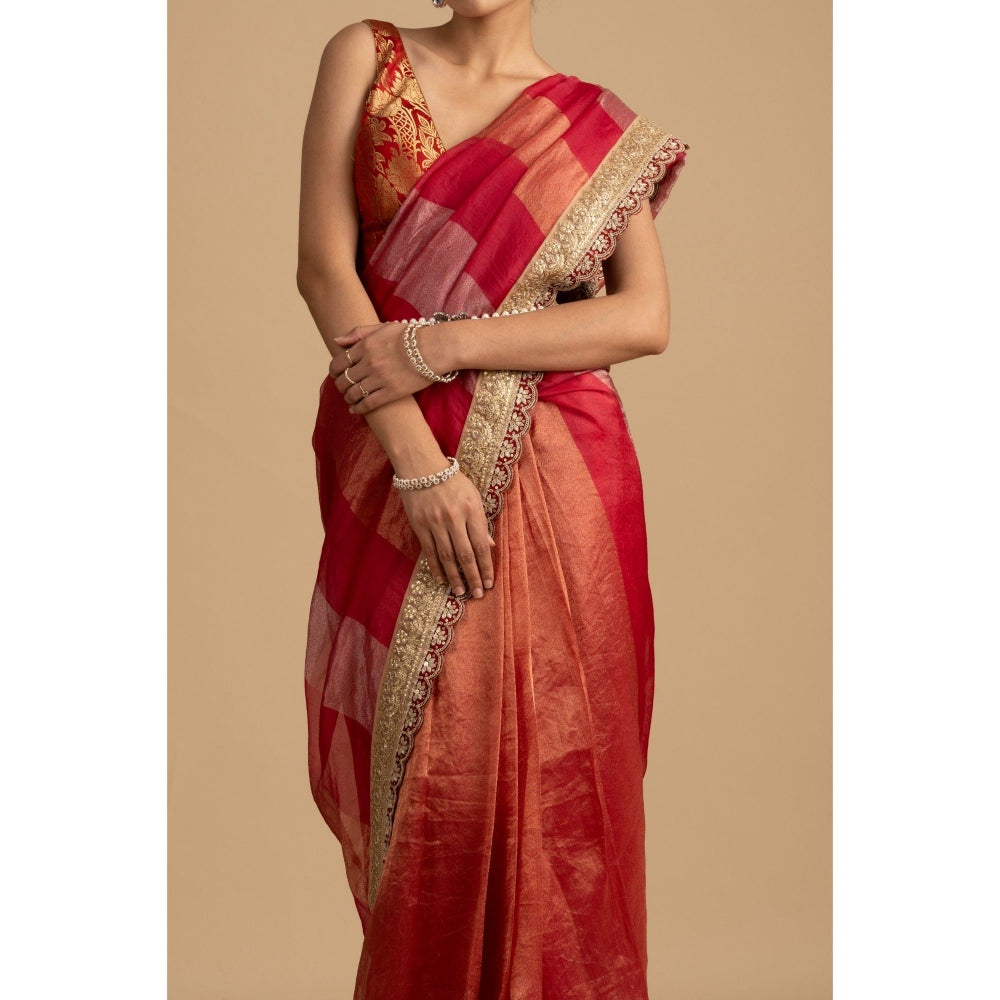 Zal from Benaras Red Shaded Pure Tissue Silk Banarasi Saree with Stitched Blouse