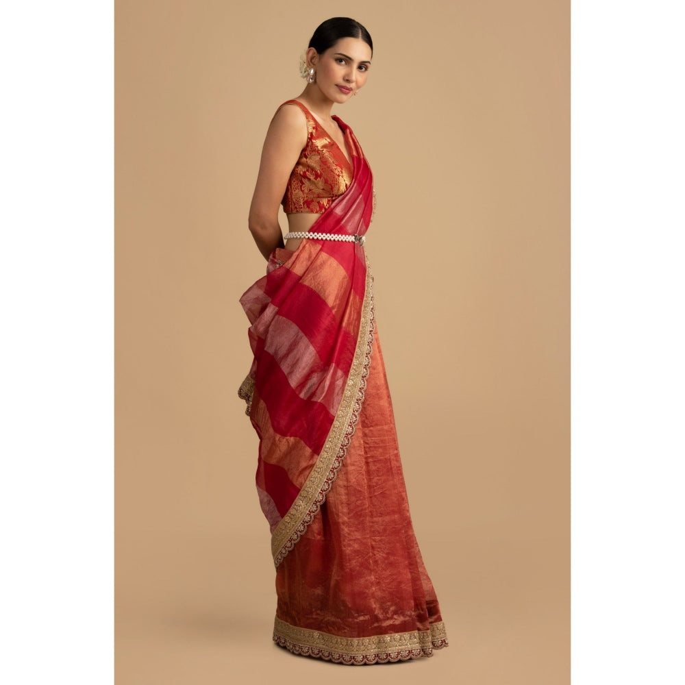 Zal from Benaras Red Shaded Pure Tissue Silk Banarasi Saree with Stitched Blouse