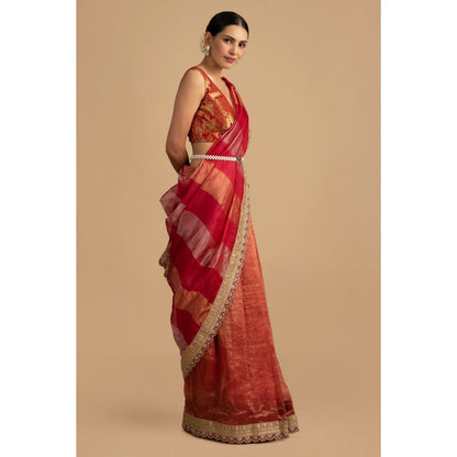 Zal from Benaras Red Shaded Pure Tissue Silk Banarasi Saree with Stitched Blouse