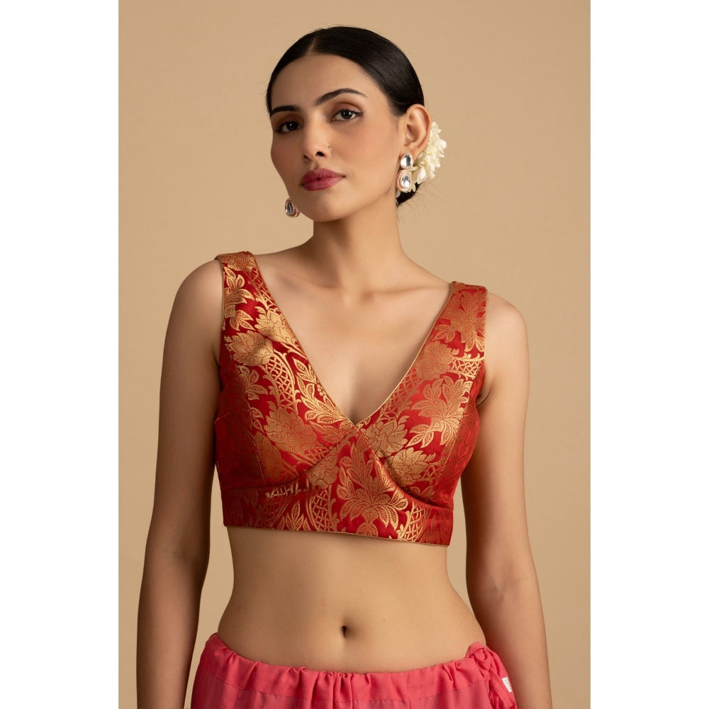 Zal from Benaras Red Shaded Pure Tissue Silk Banarasi Saree with Stitched Blouse